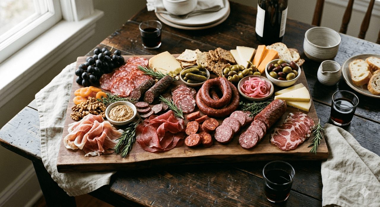 A board of homemade cured sausages and charcuterie